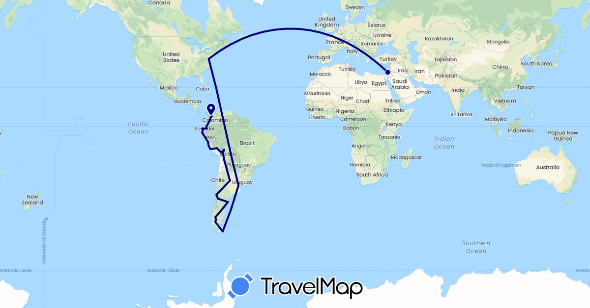 TravelMap itinerary: driving in Argentina, Bolivia, Chile, Colombia, Ecuador, Israel, Peru, United States (Asia, North America, South America)
